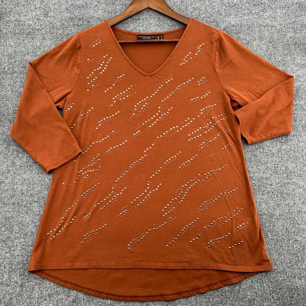 Susan Graver Weekend Top Women M Rust Western Studded V Neck Office Granola Boho